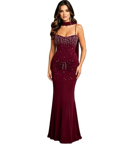 Image of PORRCEY Women's Sexy Rhinestone Lace Sheer Mesh Formal Evening Dress