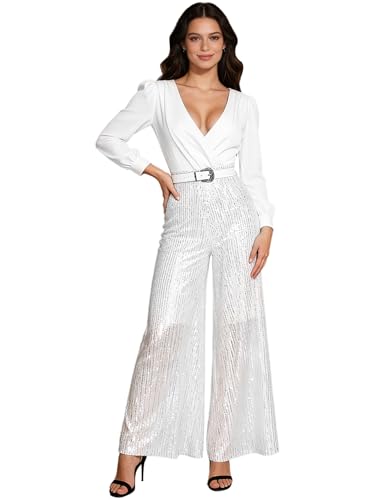 Pantalones anchos de lentejuelas en mono largo blanco de gala con escote cuello en V