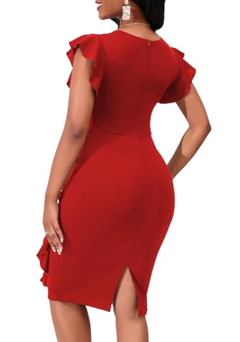 Image of PerZeal Women's 2026 Flutter Sleeve Bodycon Midi Dress Sexy Crew Neck Knit Ruffle Wear to Work Cocktail Party Pencil Dresses