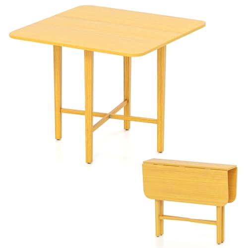 GiantexUK Folding Dining Table for 4, Wooden Drop Leaf Dinner Table with X-shaped Frame, Expandable Kitchen Desk Furniture for Home Dining Room Office (Natural)