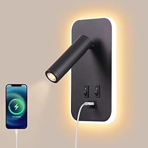 Awekliy Applique murale LED, liseuse de chevet avec interrupteur, port de charge USB, éclairage d’ambiance de chambre à coucher Spot réglable (3W 3000K + 9W 6000K) Noir