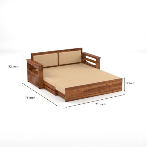 Image of Sheesham Wooden 3 Seater Sofa Cum Bed with Storage - Modern Daybed with Upholstered Backrest | Living Room Convertible Sofa Bed - Wooden Sofa Cum Bed with Mattress (Design 5)