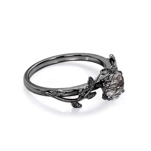 1CT Round Cut Natural Black Rutilated Quartz Leaf Ring for Women Inspired Branch Leaf Ring Rutilated Quartz Promise Engagement Statement Anniversary Ring for Her3
