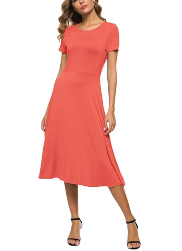 Image of EXCHIC Women's Casual Round Neck Short Sleeve Midi Dress Solid Stretchy Waist Knee Long Dress