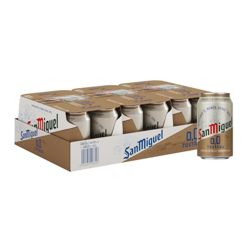 San Miguel 0,0 Tostada, Pack 24 Latas x 330ml, Cerveza Sin Alcohol, Sabor Intenso y Tostado, Cerveza Ligera y Refrescante, 0.0% Volumen Alcohol