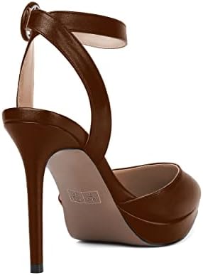 AMBELIGHT Women's High Heel Dress Ankle Strap 4 Inch Pointed Toe Buckle Evening Stiletto Solid Matte Pumps Shoes Brown Size 8 - Zapatos de Tacon | Image 4