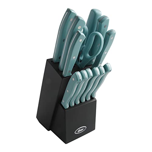 Oster Evansville 14 Pc Stainless Steel Kitchen Knife Cutlery Set W/Turquoise Handles & Black Rubberwood Block #TOP15