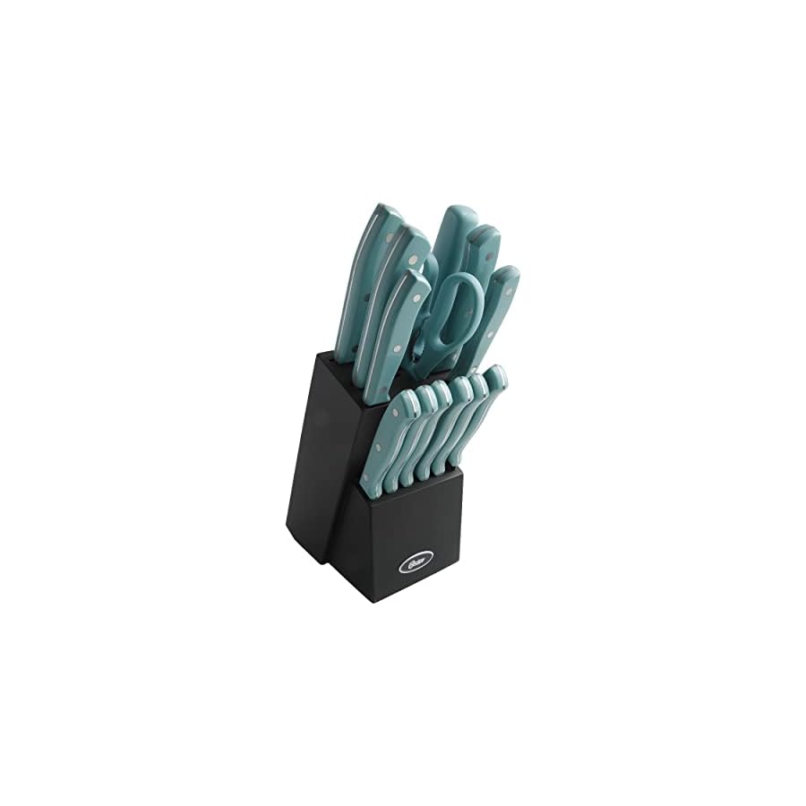 Oster-Evansville-14-Pc-Stainless-Steel-Kitchen-Knife-Cutlery-Set-WTurquoise-Handles-Black-Rubberwood-Block Oster Evansville 14 Piece Stainless Steel Kitchen Knife Cutlery Set W/Turquoise Handles