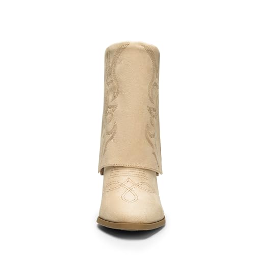 Dream Pairs Womens Cowboy Boots, Fold Over Pull On 3.14 Inch Chunky Heel Pointed Toe Embroidered Western Cowgirl Fashion Mid Calf Boots,Size 8,Beige-Suede,Sdmb2413W thumb #2