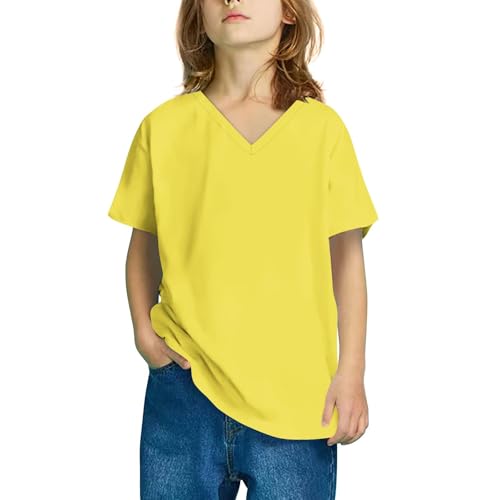 Boys Girls Solid Color T Shirts Kids Summer V-Neck Short Sleeve Fashion Tops Tees 3-14 Years