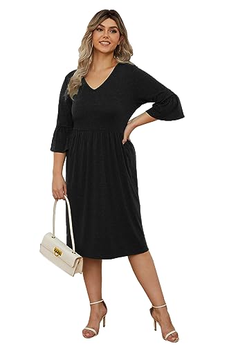 Image of Women's Plus Size 3 /4 Sleeve Casual Dress V Neck Spring Summer Tshirt Empire Waist Ruffle Midi Dresses