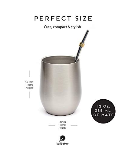 Balibetov [NEW] Modern Yerba Mate Gourd Set (Mate Cup) - Double Walled 18/8 Stainless Steel - Includes Two Bombillas and a Cleaning Brush (Silver, 12) - Thumbnail 5