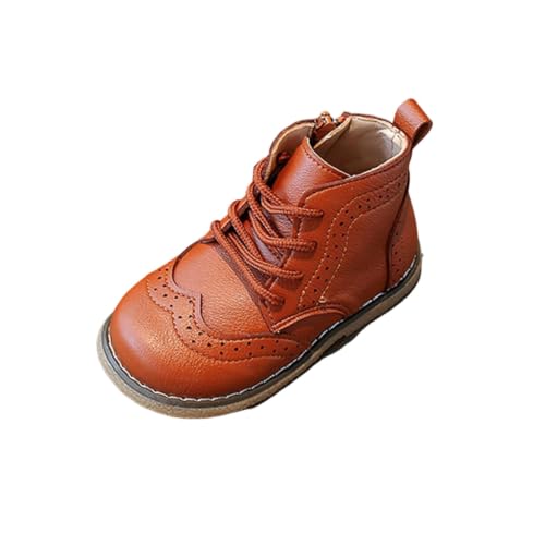 Image of Brown Girls Casual Ankle Boots Lace Up Front Zipper Flats Shoe Size 8.5