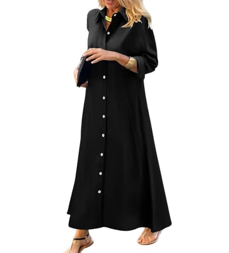 chouyatou Women's Casual Button Down Maxi Shirt Dress Long Sleeve Button Up Tunic Long Dress (Medium, Black)
