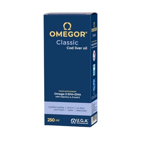 Aceite de Hígado de Bacalao Liquido OMEGOR Classic 250ml - Sin Sabor a Aceite de Pescado - Omega3 EPA y DHA 1000mg Liquido con Vitaminas A, D y E