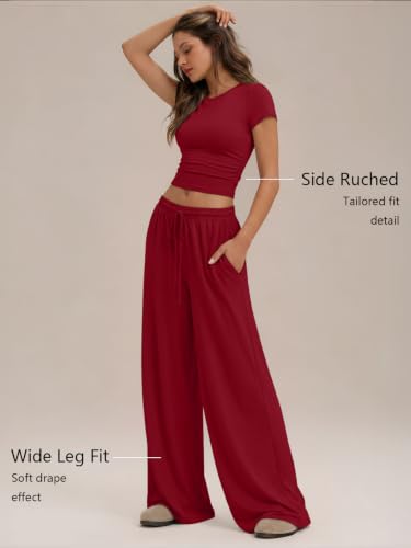 Image of Trendy Queen 2 Piece Matching Summer Lounge Set Womens Side Ruching Top Wide Leg Pants Sets with Pockets