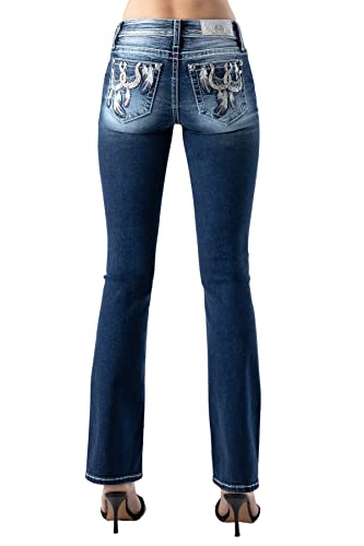 Miss Me Women's Mid-Rise Western Double Horseshoe and Feathers Embellished Bootcut Jeans