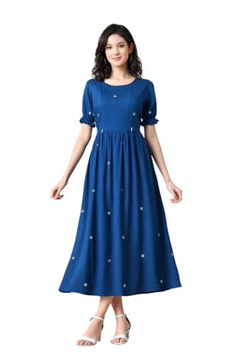 Image of Ichaa Women's Aqua Rayon Printed Maternity Dress with Feeding Zips and Pocket, in Plus Sizes