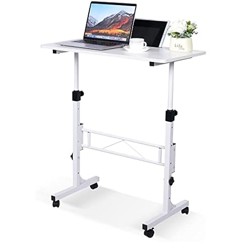 KLSMYHOKI Standing Desk Adjustable Height, Mobile Stand Up Desk with Wheels Small Computer Desk Rolling Desk, Portable Laptop Desk White Standing Table Home Office Desks 16"x31.5" Height 27"-43.5" Cover