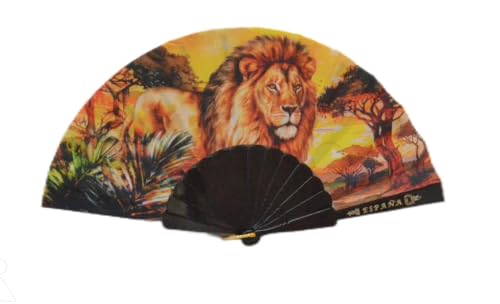 Genérico España Abanico Decorativo, León Africano al Atardecer, Negro y Naranja