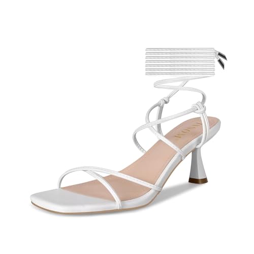 ISNOM White Strappy Kitten Heels for Women - Lace Up Stiletto Sandals With Square Toe - Comfortable Tie Up Wrap Around Summer Wedding Heels
