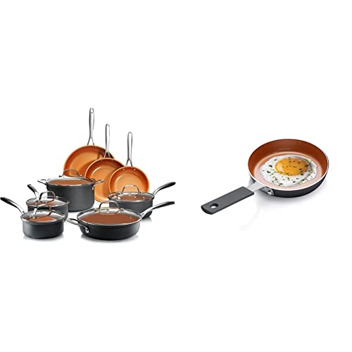 GOTHAM STEEL Pro Hard Anodized Pots and Pans 13 Piece Premium Cookware Set, Brown & Mini Egg and Omelet Pan with Ultra Nonstick Titanium & Ceramic Coating - 5.5