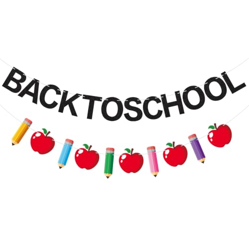 Back to School Banner First Day of School Banner Black Glitter Welcome Pencil Banners Decorations for Kindergarten Hanging Decor School Classroom Teacher Garlands Decor Bulletin Board Supplies