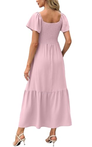 Image of OFEEFAN Summer Dresses for Women Square Neck Ruffle Sleeve Smocked Maxi Dress with Pockets
