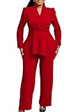 Tbahhir Women's 2 Piece Outfits Suit Set Long Sleeve Ruffle Blazer Tops Casual Business Wide Leg Pants Dressy Red