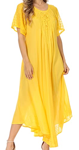 Image of Sakkas Egan Long Embroidered Caftan Dress /Cover Up with Embroidered Cap Sleeves