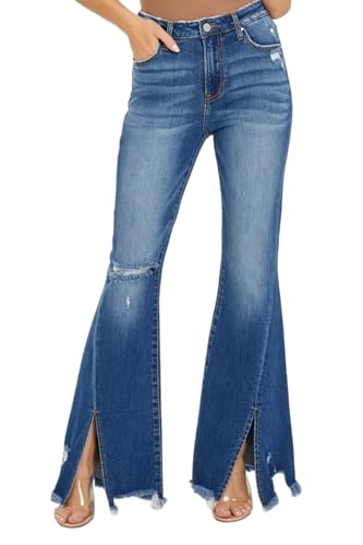 Risen Women's High Rise Front Slit Frayed Hem Flare Jeans