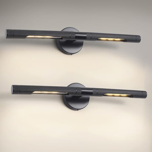 Image of Black Picture Light Set of 2, 23.6 Inch Knurled Hardwired Wall Lights for Pictures,Rotatable 360 Modern Gallery Light for Exhibition Bathroom Study Room, E12 Bulbs Included