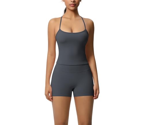 Short de yoga anti-glisse et débardeur dos nu en ensemble d'entraînement deux pièces femme gris L