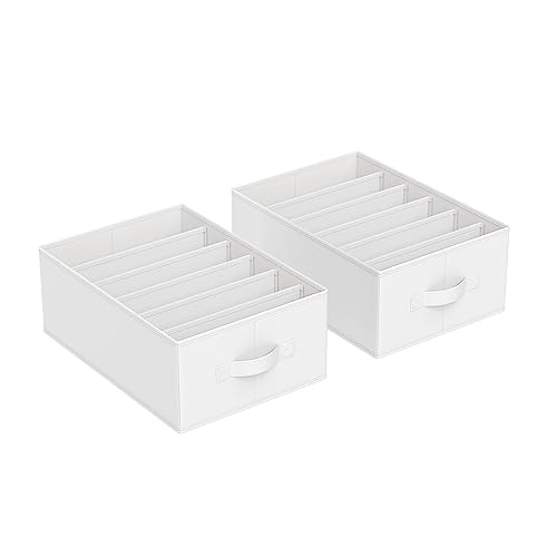 Image of SONGMICS Set of 2 Large Size Wardrobe Clothes Organizers, Cloud White | 6-Compartment Foldable Drawer Organizers with Handles, 16.5 x 11.8 x 6.7 Inches, for Pants, Sweaters, Jeans URUS009W02