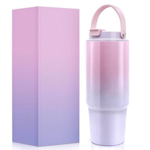 EOPUOZS Botella Termo Portátil de Acero Inoxidable a Prueba de Fugas, de 900 ml, con Pajita, para Bebidas Frías y Calientes (Rosa Degradado y Morado)