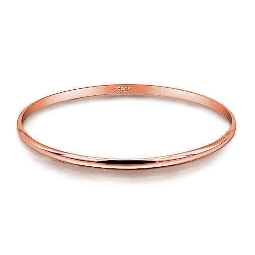 Dankadi Bracelet Fin en 925 Argent 3MM Large Plat Demi-Rond, Ø 60 65 68MM Lot de 1/2/3 Plaqué Rose Jonc de Manchette Lisse Simple Classique Pour Femme Fille(Diamètre 65MM, Rose Gold Color 1 piece)
