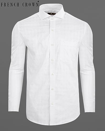 Image of FRENCH CROWN Men's White Linen Regular Fit Textured Full Sleeves Casual Shirt