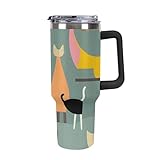 DWTJKMS Gobelet en acier inoxydable à motif de chats d'art moderne du milieu du siècle, anti-fuite, de grande capacité avec poignée et paille, gobelet isotherme à double paroi sous vide, réutilisable
