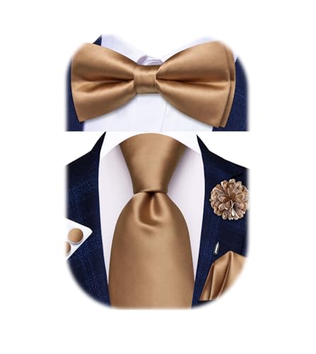 Image of Hi-Tie 5Pcs Mens Solid Color Silk Tie Satin Pretied Bowtie Lapel Pin for Men Handkerchief Cufflink Wedding Gift Box