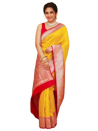 Satrani Women's Silk Weaving Kanjivaram Saree with Unstitched Blouse Piece (4181S111N_Yellow & Red)