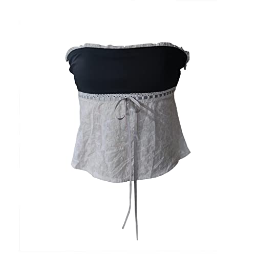 Women Y2K Backless Crop Top Vintage Sexy Tie Up Spaghetti Strap Camisole Top Shirt Summer Mini Vest Slim E-Girl Streetwear (Strapless Black, M) #TOP5