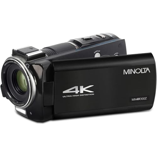 Minolta 4K Ultra HD Camcorder with 3.5-inch Touchscreen – 10x Optical Zoom, 28MP Photos, Digital Stabilizer, Accessory Shoe Mount, Time Lapse, Face Detection, 32GB Card, Remote Control (Black)