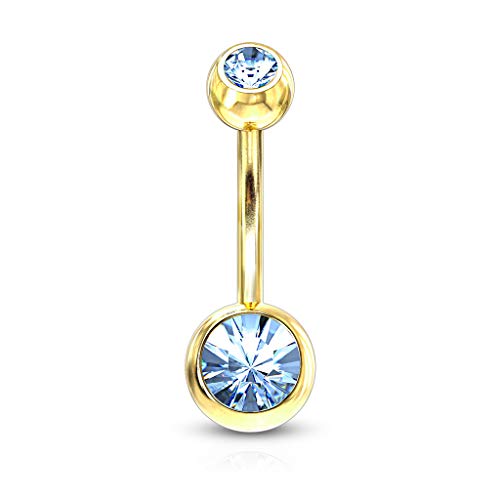 Double Press Fit Jeweled Gold IP over 316L surgical Steel Belly Button Rings (LIGHT BLUE)