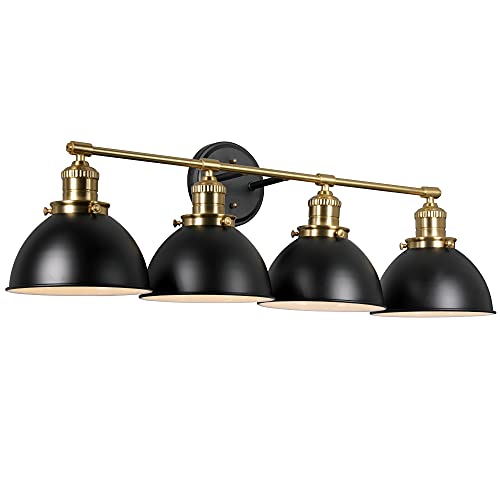 Image of Design House Savannah Rustic Farmhouse 4-Light Bathroom Vanity Light, Dimmable, Satin Gold, Matte Black Metal Shade, 34.25 in x 9 in x 10.88 in, 589051-BGD