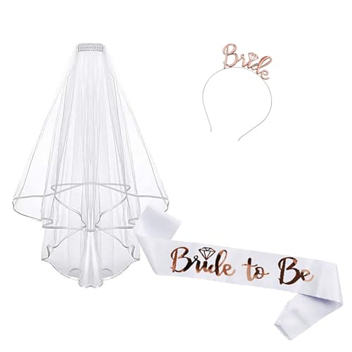 Gleemix Bride to Be Schärpe Schleier Set, Jga Accessoires Frauen mit Bride Haarreif, Schärpe, Schleier, Jungesellinenabschied Accessoires für Hochzeit, Bachelorette Party, Brautparty