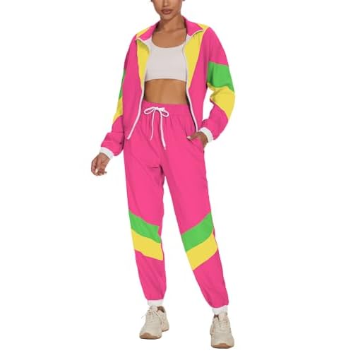 UOUA Women's Color Block 2 Piece 80s 90s Outfits Long Sleeve Windbreaker Jacket Tracksuit Set Pink X-Large