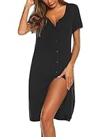 Ekouaer Schlafshirt Damen Sommer Nachthemd Kurzarm Sleepshirt Nachtwäsche Knopfleiste Schwarz XXXL