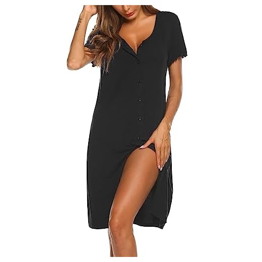 Ekouaer Nachthemd Damen Kurzarm Schlafshirt Sommer Sleepshirt Kurz Nachtwäsche Knopfleiste Schwarz M