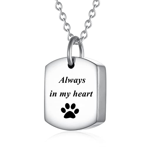 YOIEU Cat Dog Urn Necklaces for Ashes Always in my heart Engraved Pet Cremation Jewelry for Ashes Stainless Steel Pet Paw Print Keepsake Memorial Pendant Cremation Urn Necklace for Women Men (Silver)