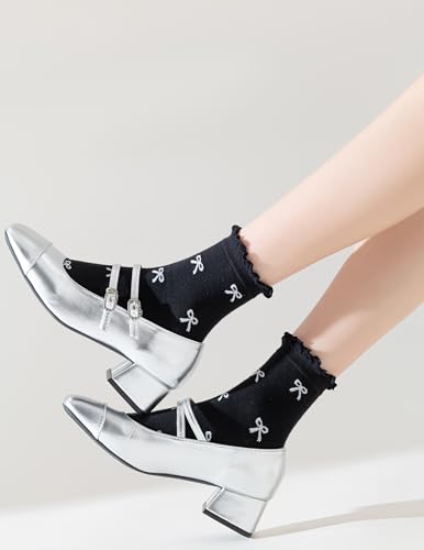 Image of Womens Ruffle Crew Socks Vintage Patterned Ankle Casual Fashion Dress Sock Cute Lettuce Floral Socks 5 /6 Pack